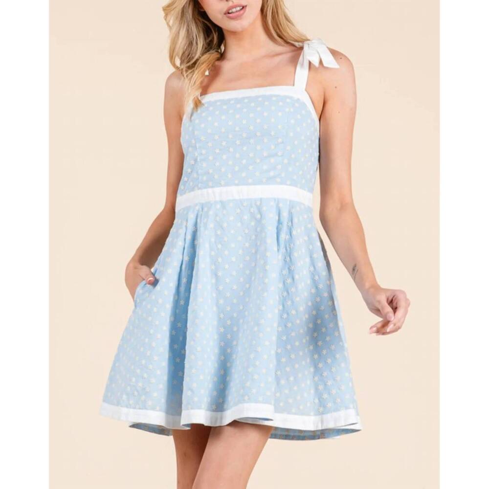 NEW BABY PINK corinne embroidered mini dress in light blue